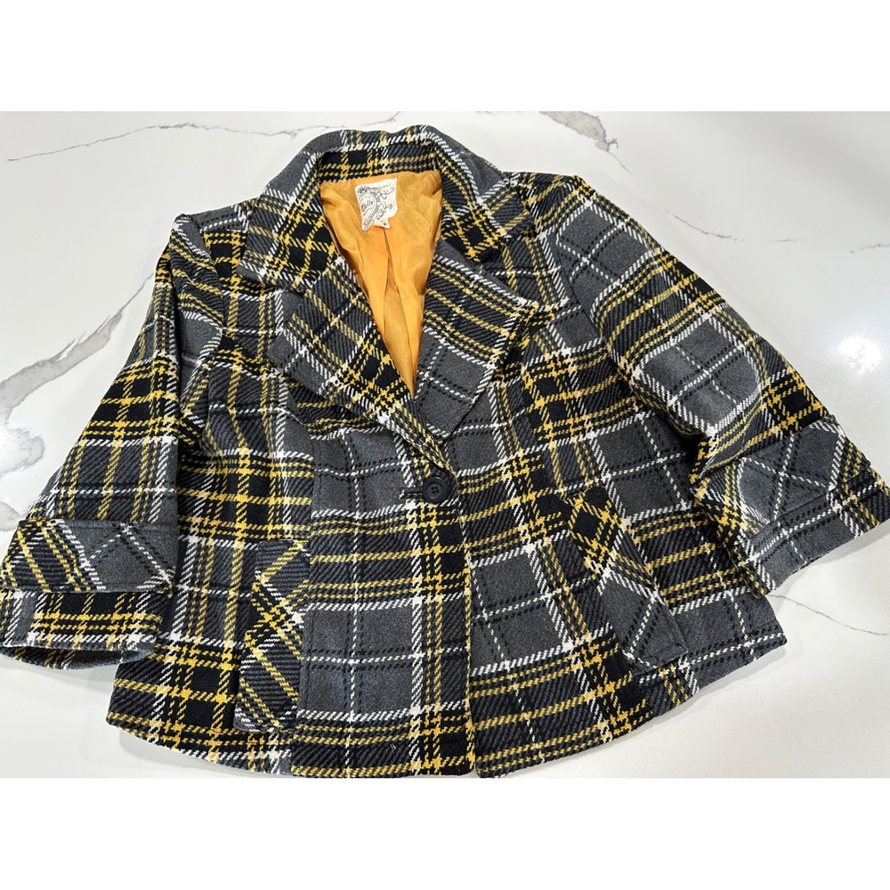 Tulle Plaid Blazer‎ Jacket Yellow Grey Black Wool Blend Swing Crop Coat Womens M